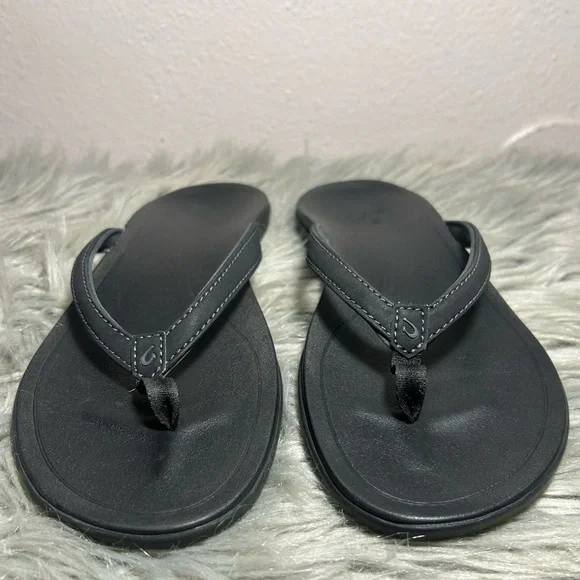 Olukai Ho'opio Sandal-Onyx/Onyx Toe Post Sandals Black Flip Flop Sandals Size 9 - Picture 7 of 10